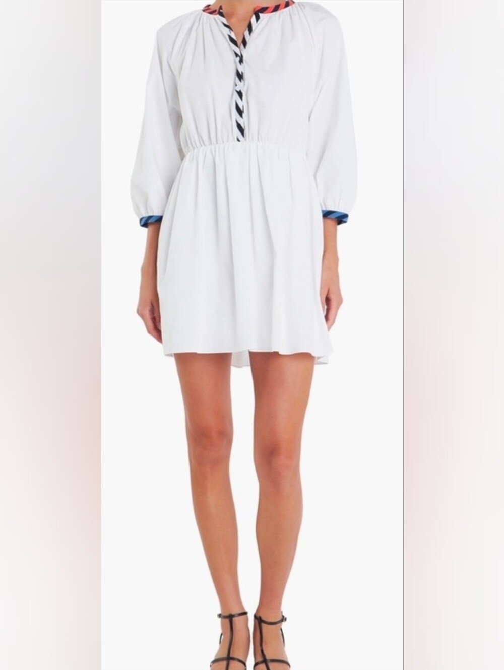 English Factory NWT The Hoos Poplin White Navy Three Quarter Mini Dress Size M